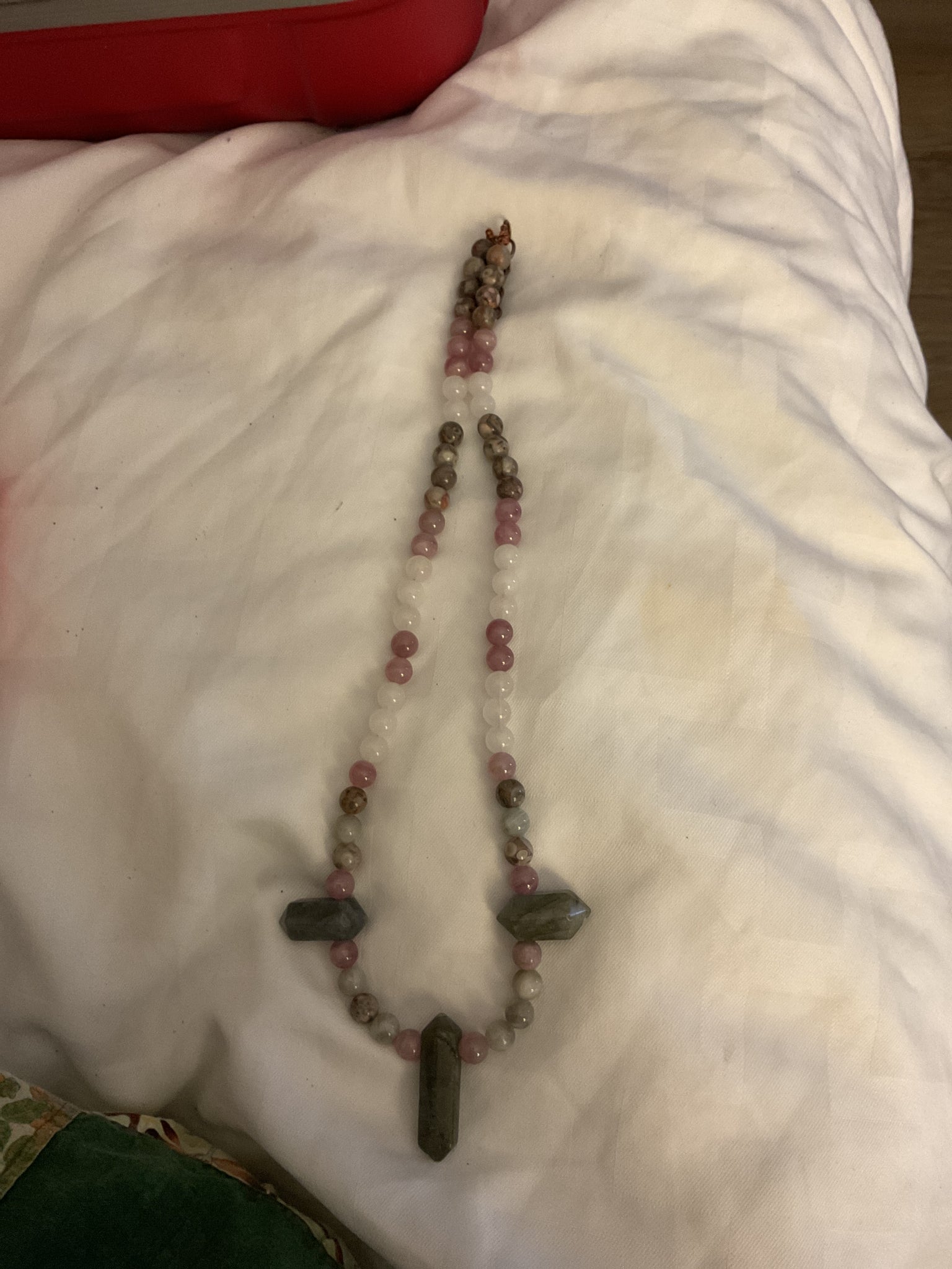 Labradorite w/ Rose Quartz, White Jade, and Crinoid Fossil