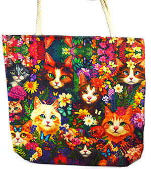 Cat and Flowers Tote Bag | 17" x 17"