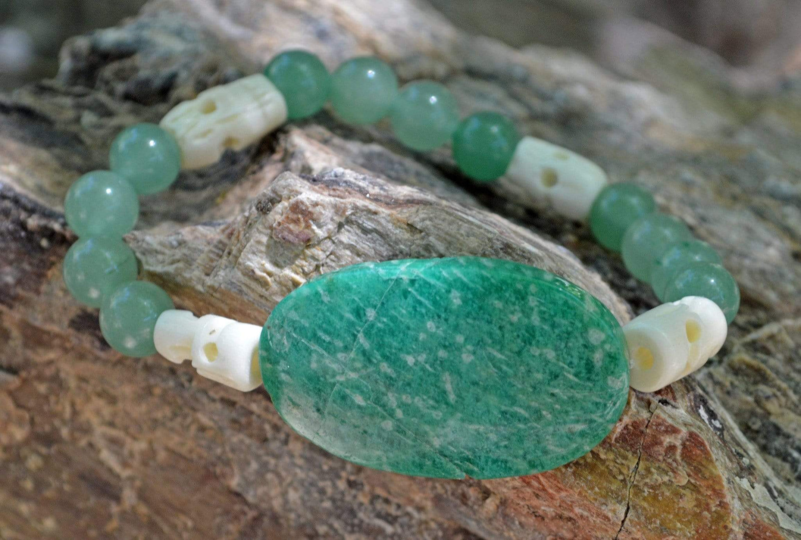 Bracelets Healing Bracelet - Determination - Russian Amazonite, Aventurine and Buffalo Bone Skull Bracelet