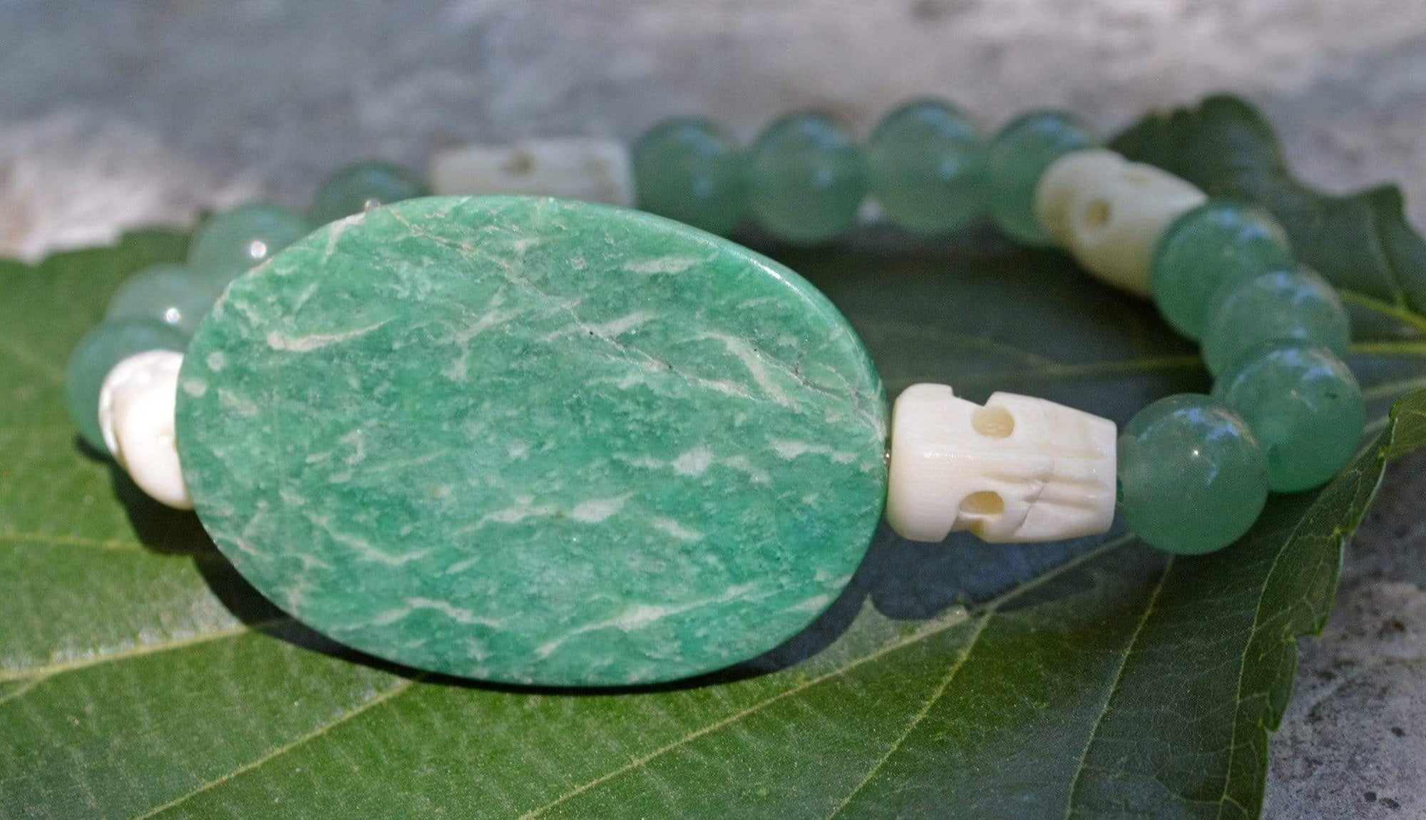 Bracelets Healing Bracelet - Determination - Russian Amazonite, Aventurine and Buffalo Bone Skull Bracelet