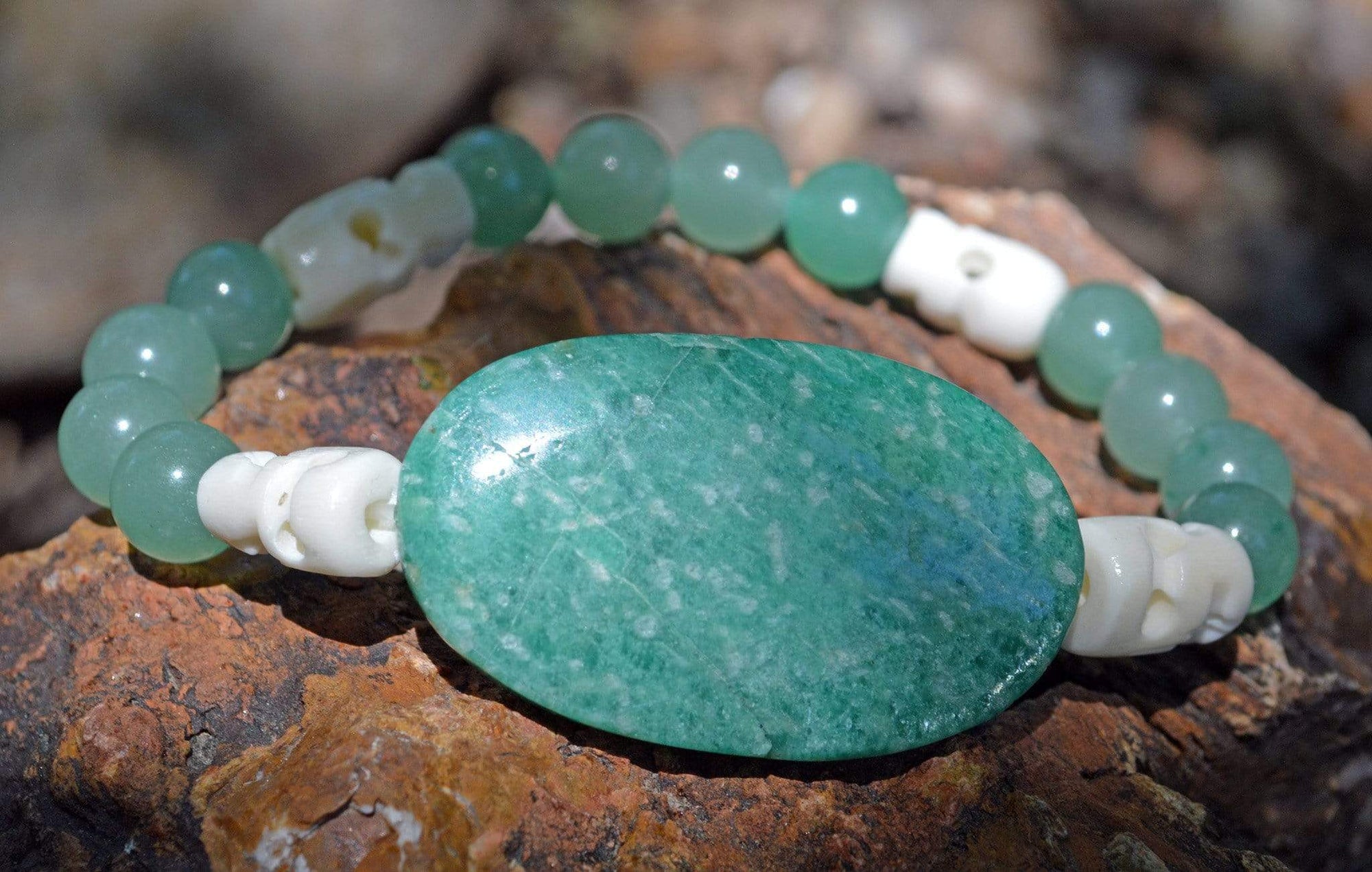 Bracelets Healing Bracelet - Determination - Russian Amazonite, Aventurine and Buffalo Bone Skull Bracelet