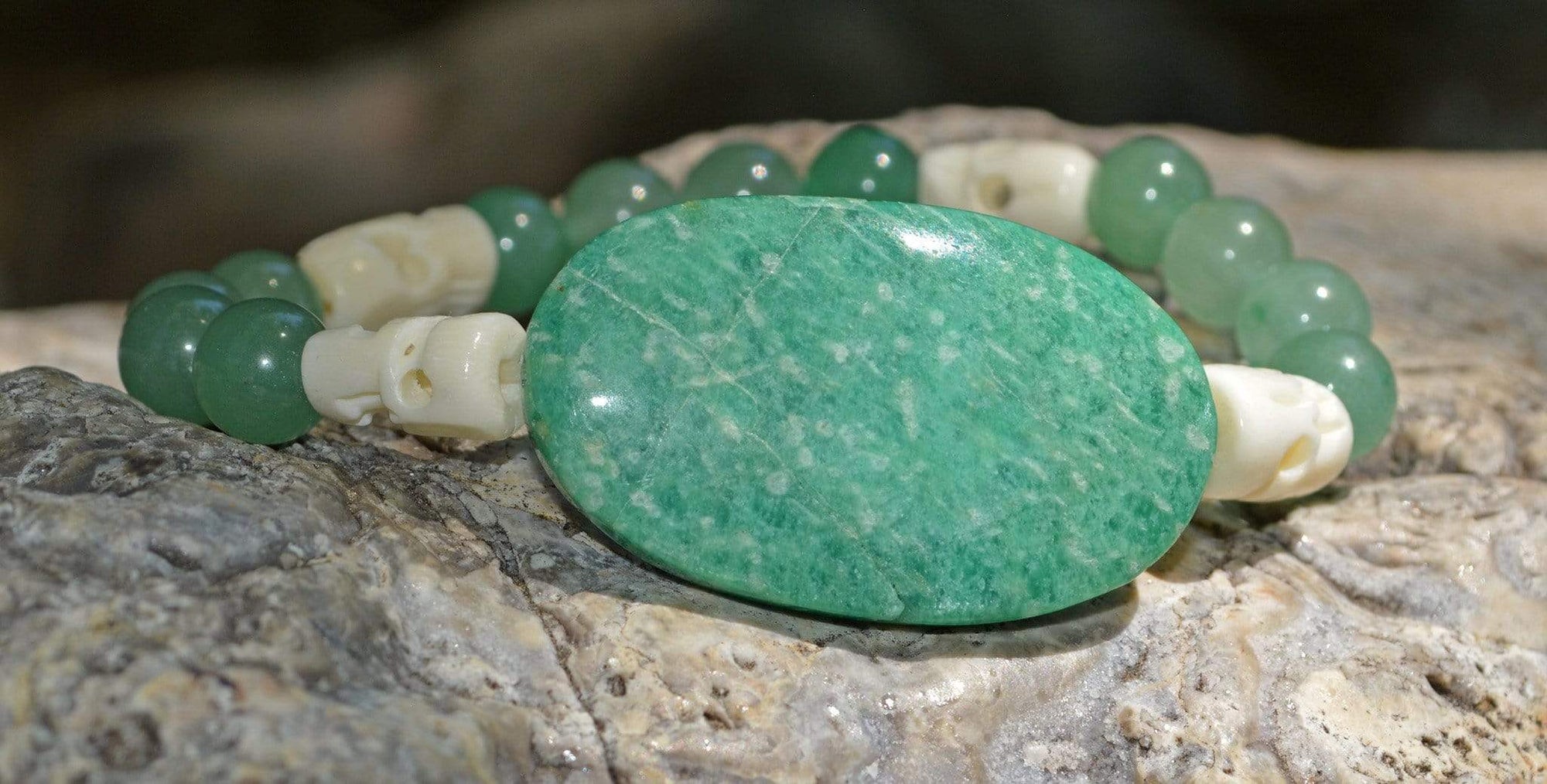 Bracelets Healing Bracelet - Determination - Russian Amazonite, Aventurine and Buffalo Bone Skull Bracelet