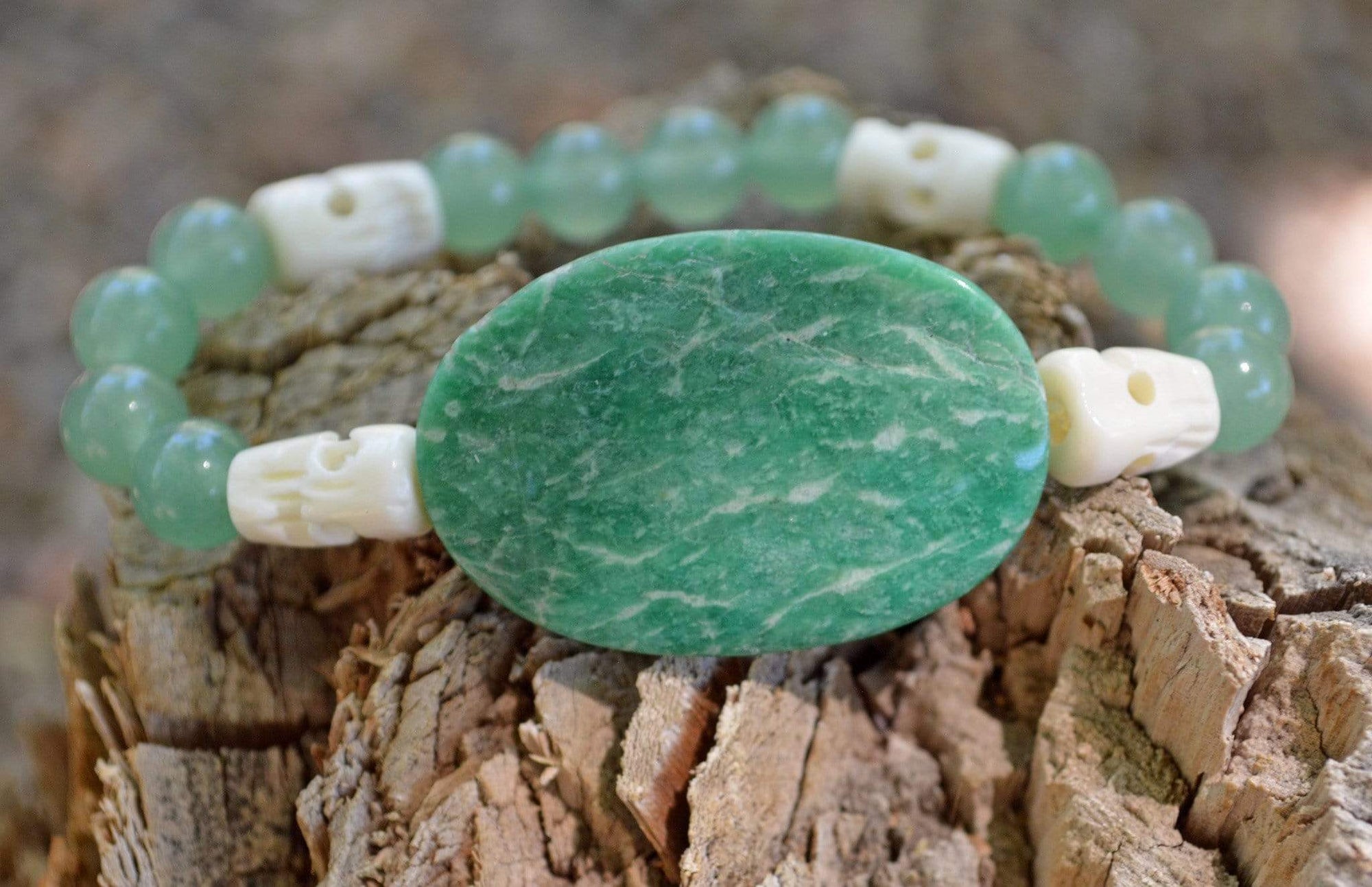 Bracelets Healing Bracelet - Determination - Russian Amazonite, Aventurine and Buffalo Bone Skull Bracelet