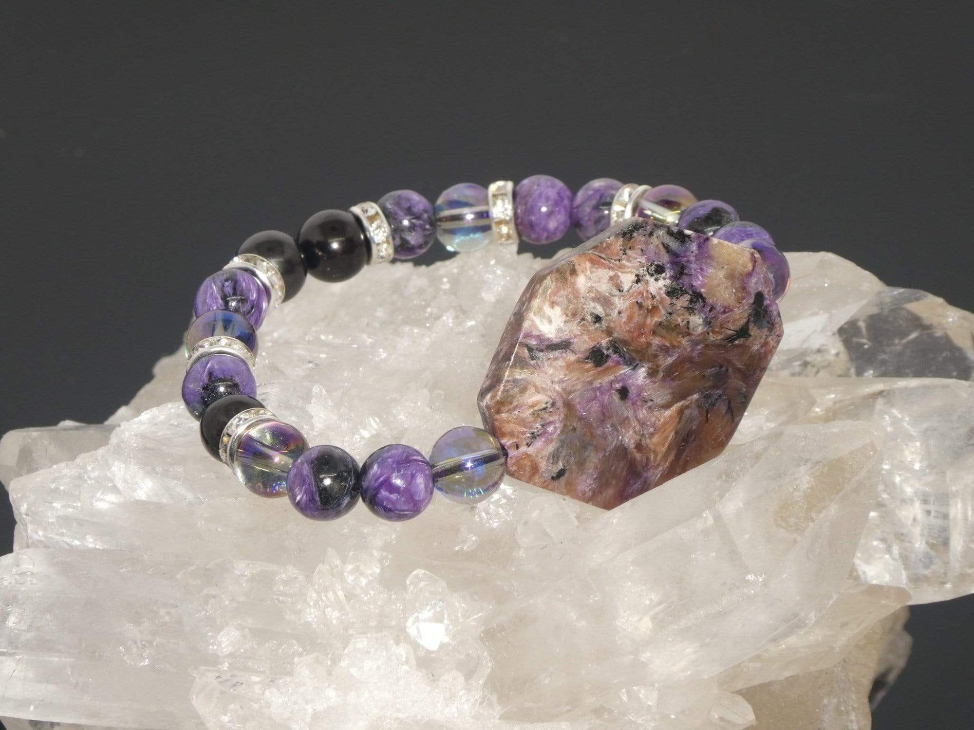 Bracelets Healing Bracelet - Protection - Purple Charoite, Shungite, and Aqua Aura Quartz