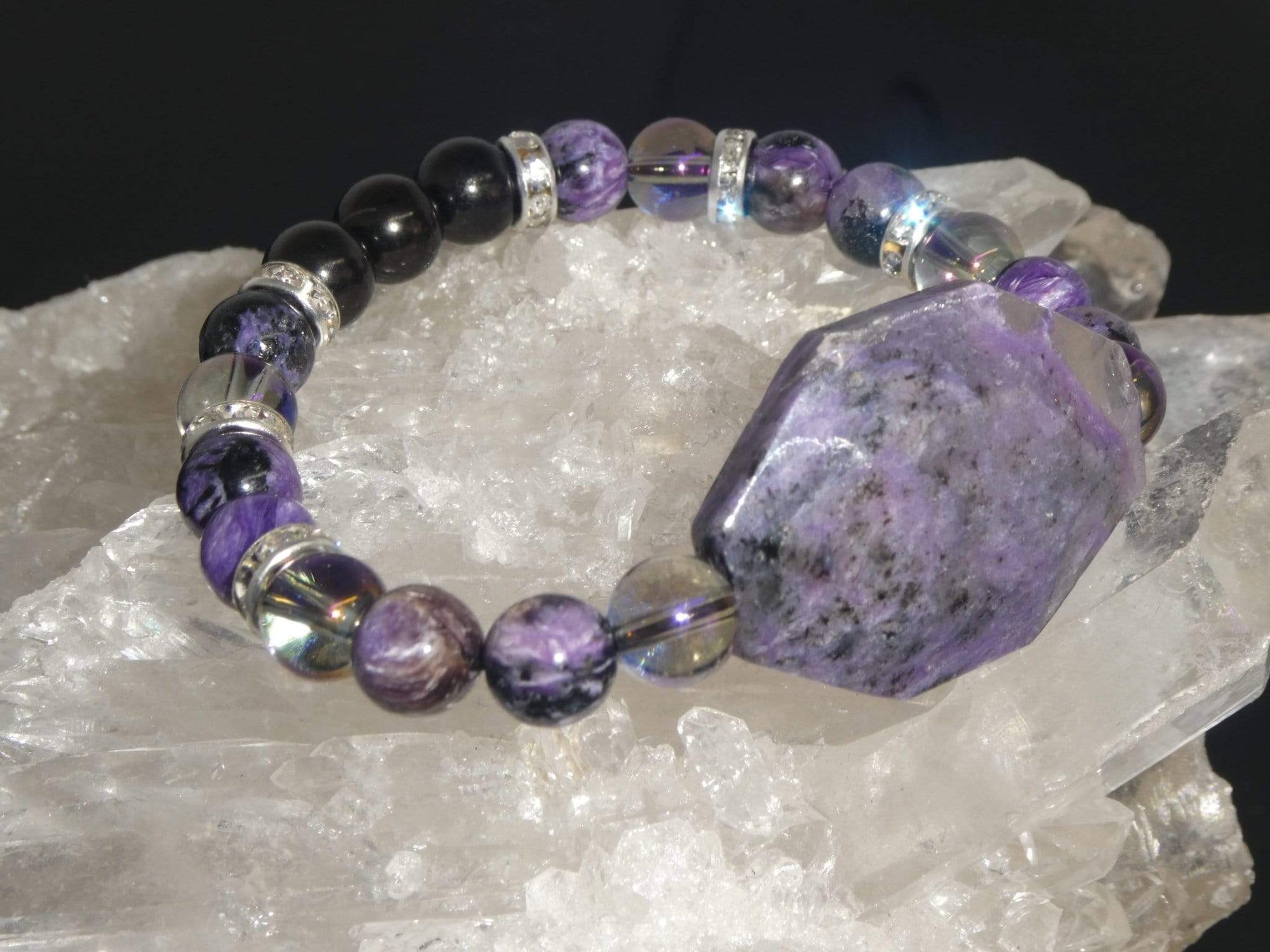 Bracelets Healing Bracelet - Protection - Purple Charoite, Shungite, and Aqua Aura Quartz