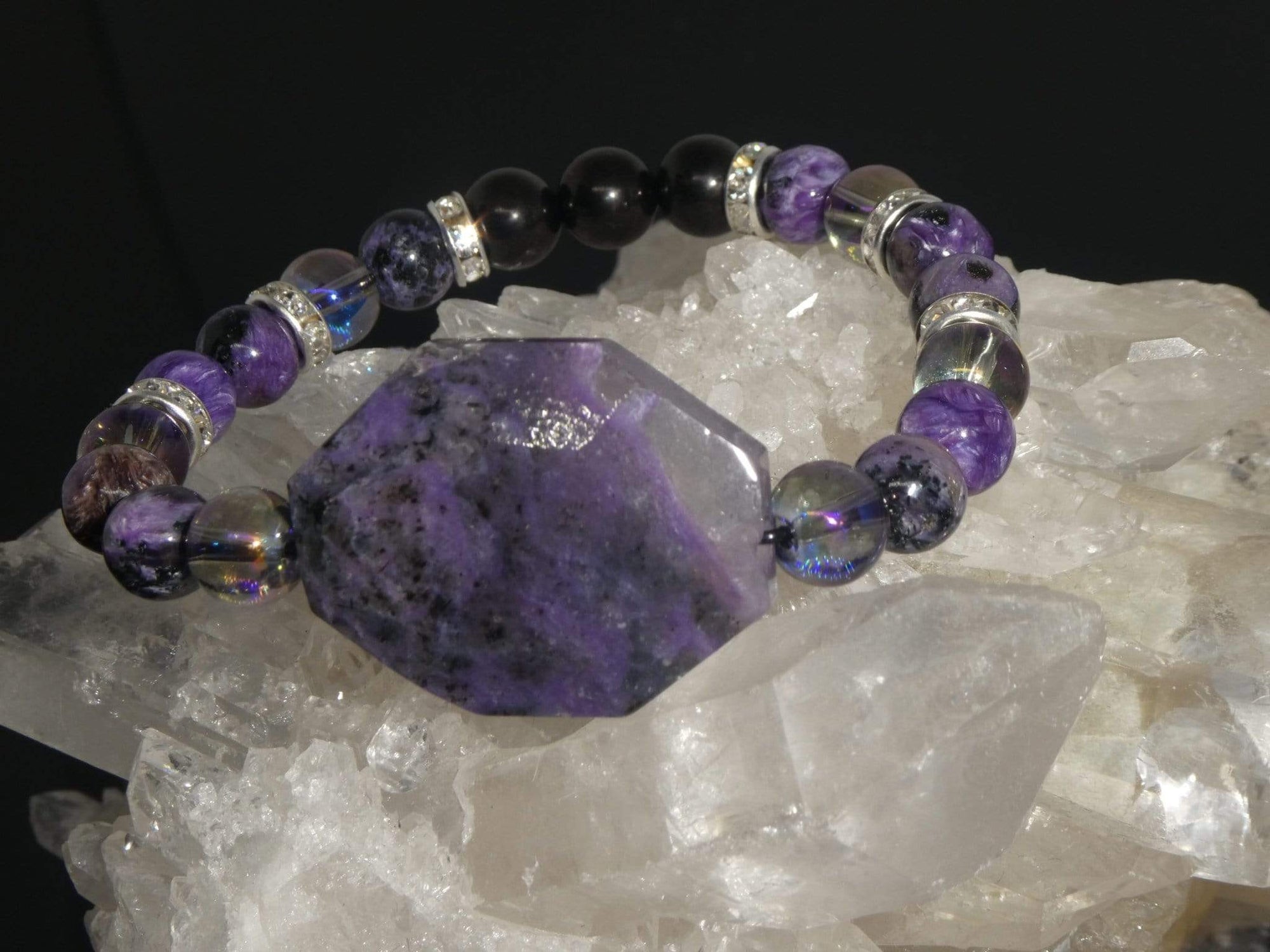Bracelets Healing Bracelet - Protection - Purple Charoite, Shungite, and Aqua Aura Quartz