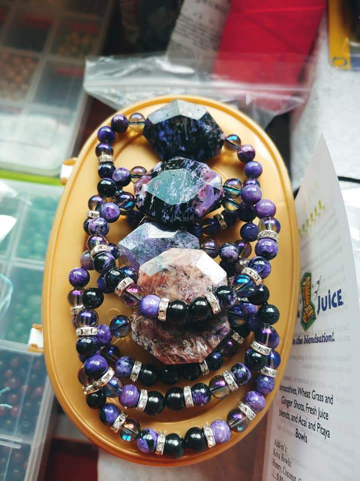 Bracelets Healing Bracelet - Protection - Purple Charoite, Shungite, and Aqua Aura Quartz