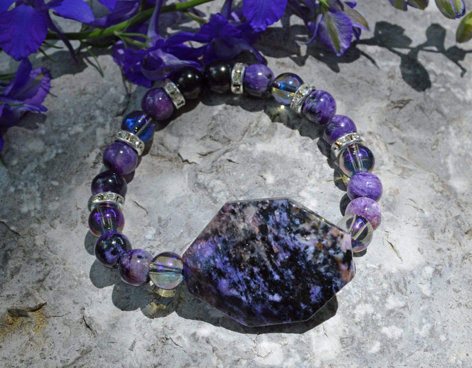 Bracelets Healing Bracelet - Protection - Purple Charoite, Shungite, and Aqua Aura Quartz