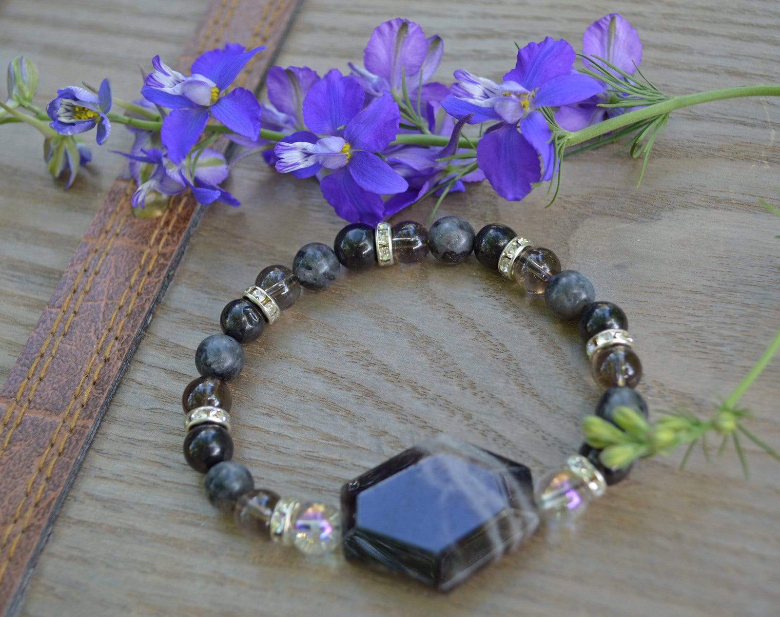 Bracelets Healing Bracelet - Smoky Quartz, Larvikite, & Aqua Aura Quartz