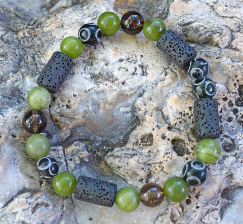 Men's Abundance Bracelet - Nephrite and Hand Carved Black Henan Jade