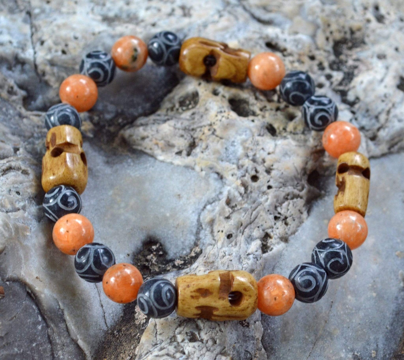 Bracelets Men's Innovation Bracelet - Orange Calcite  and Hand Carved Black Henan Jade