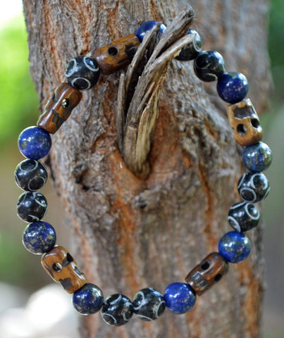 Men's Intuition Bracelet - Lapis Lazuli w/Pyrite and Hand Carved Black Henan Jade