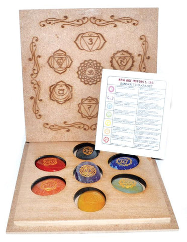 Sanskrit Carved Gemstones | 7 Chakra Symbol | Oval Stones Set with Box
