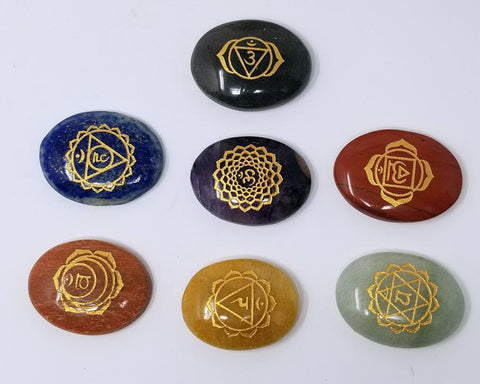 Sanskrit Carved Gemstones | 7 Chakra Symbol | Oval Stones Set with Box