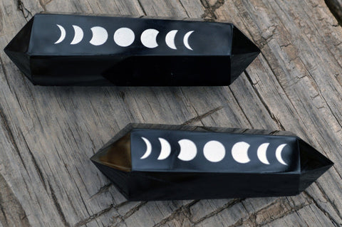Black Obsidian 6 Sided - Vogel | Wand ~ Phases of the Moon Carved Crystal