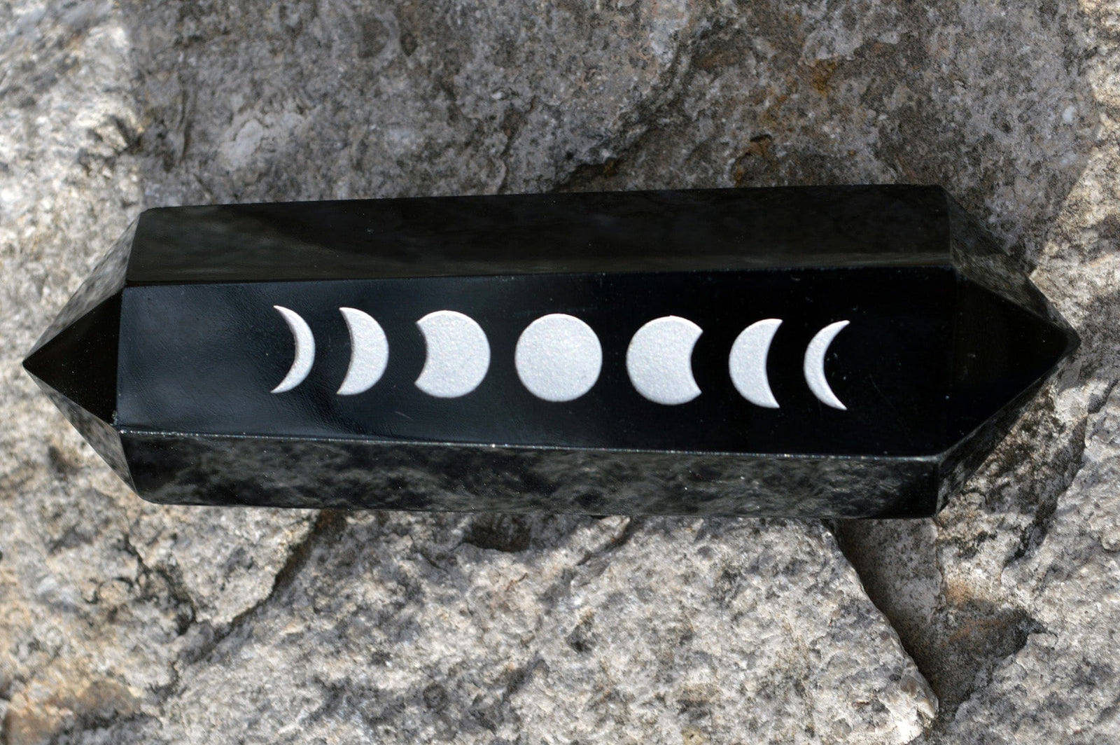 Crystal Wholesale Black Obsidian 6 Sided - Vogel | Wand ~ Phases of the Moon Carved Crystal