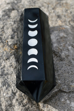 Crystal Wholesale Black Obsidian 6 Sided - Vogel | Wand ~ Phases of the Moon Carved Crystal