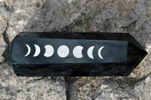 Crystal Wholesale Black Obsidian 6 Sided - Vogel | Wand ~ Phases of the Moon Carved Crystal