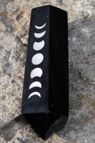 Black Obsidian 6 Sided - Vogel | Wand ~ Phases of the Moon Carved Crystal