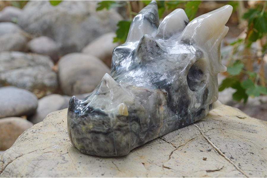 Carved Lace Agate Crystal Dragon Skull