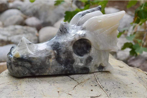 Carved Lace Agate Crystal Dragon Skull