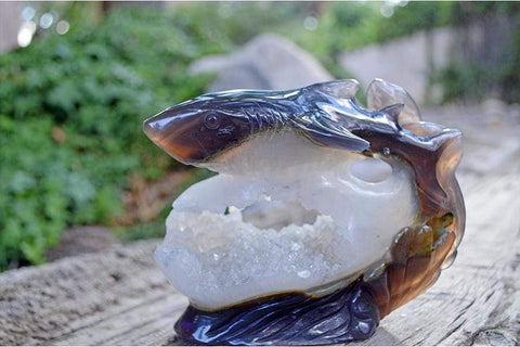 Great White Shark Carved Agate Crystal Geode - Large