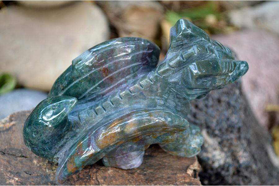 Crystal Wholesale Moss Agate Crystal Dragon Carving - Medium