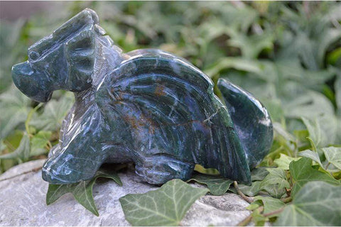 Moss Agate Crystal Dragon Carving - Medium