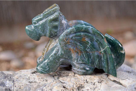 Moss Agate Crystal Dragon Carving - Medium