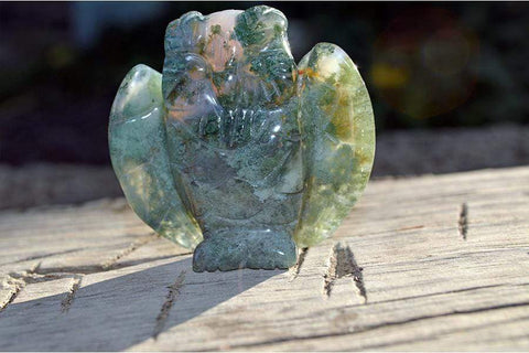 Moss Agate Owl Crystal Carving - Small