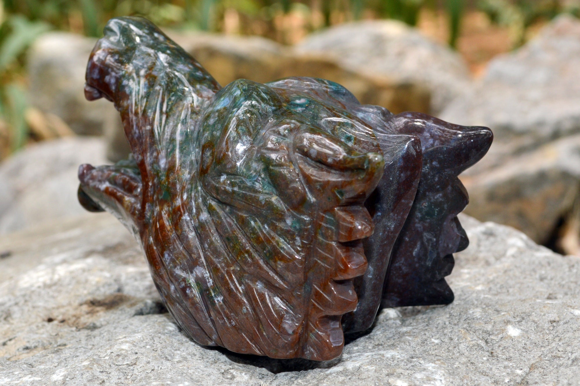 Crystal Wholesale Moss Agate Wolf Head | Hand Carved Crystal Carving - Medium