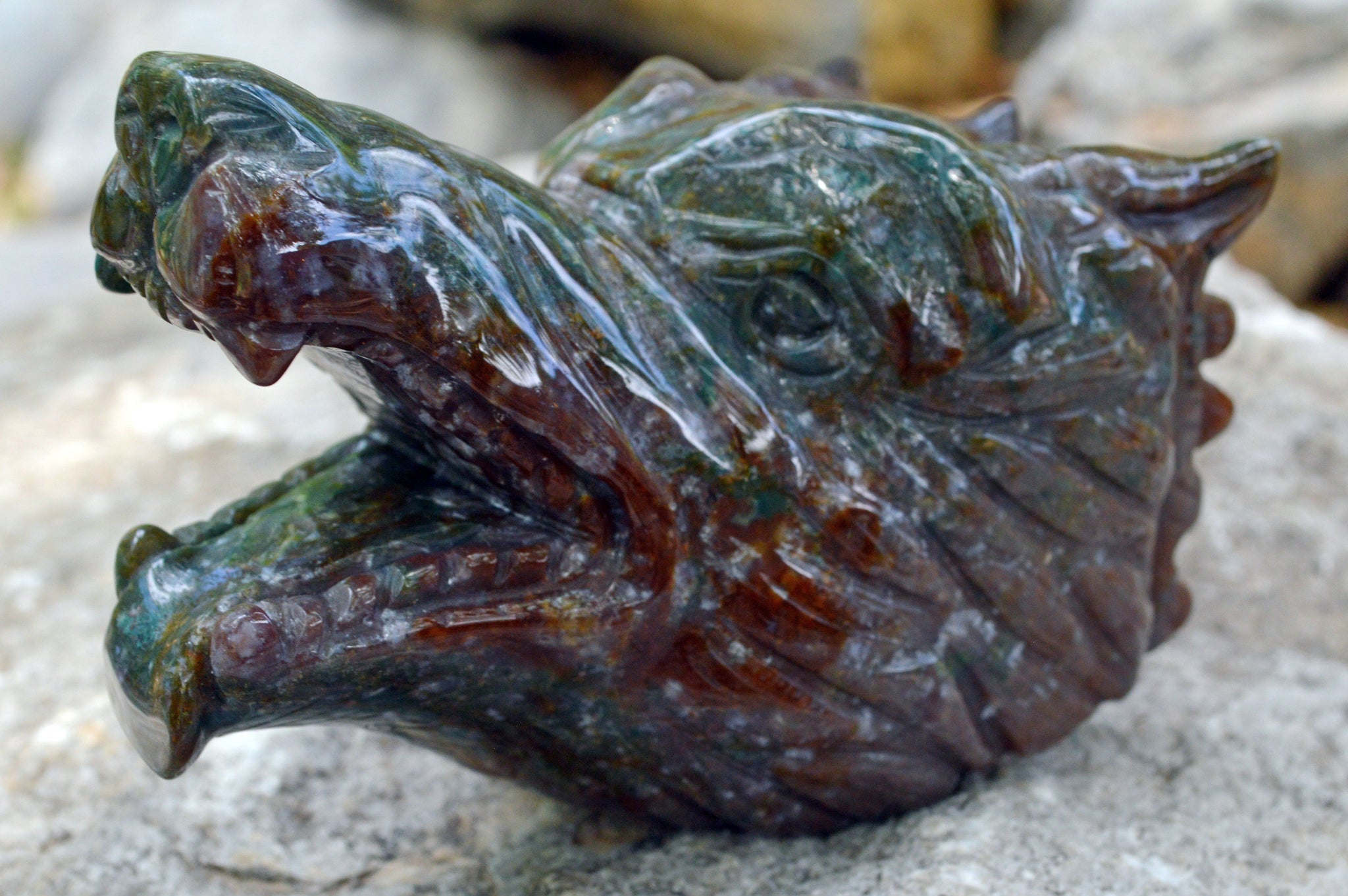 Moss Agate Wolf Head | Hand Carved Crystal Carving - Medium