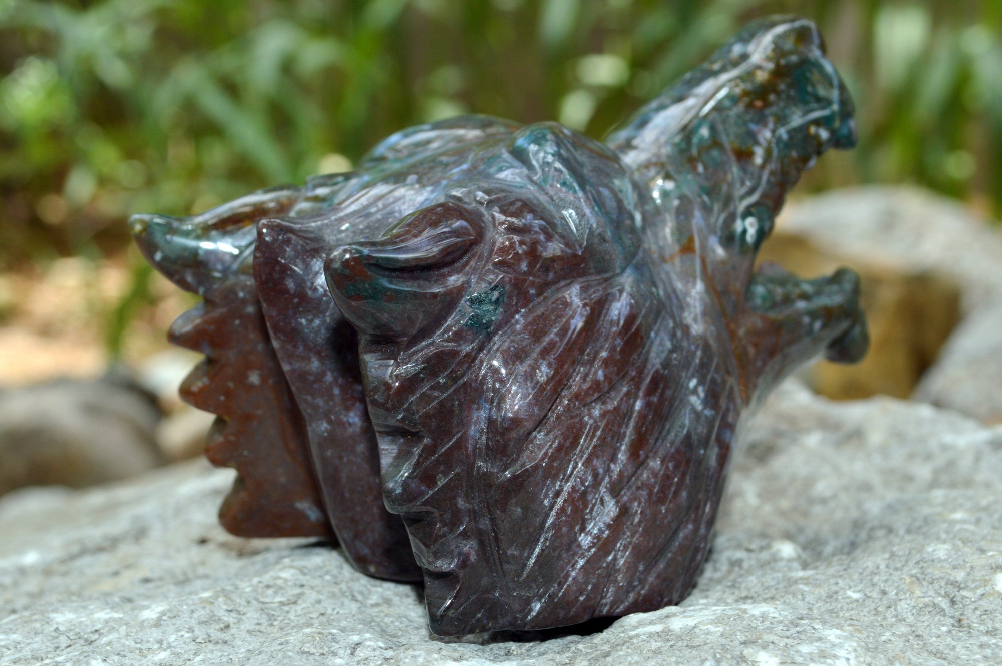 Crystal Wholesale Moss Agate Wolf Head | Hand Carved Crystal Carving - Medium