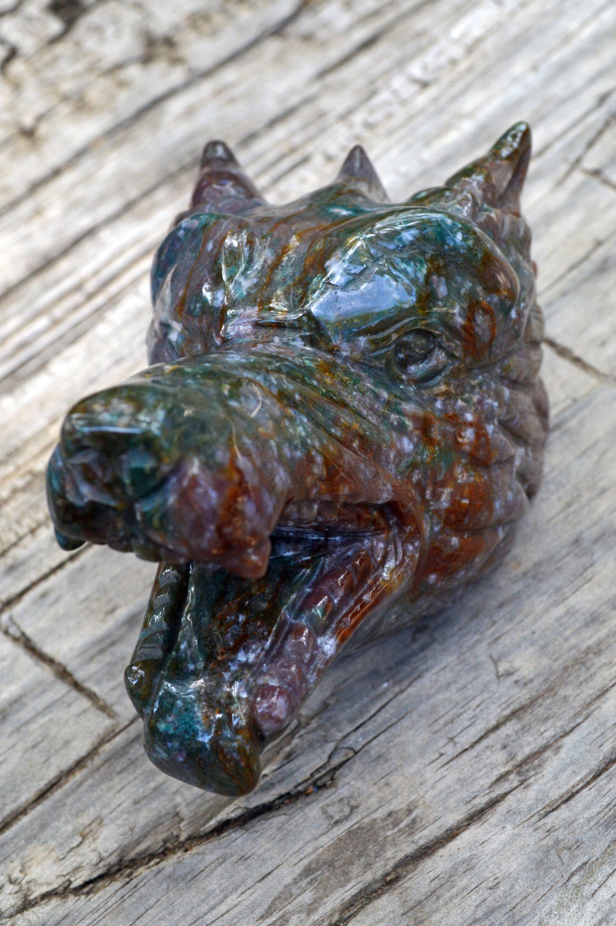 Crystal Wholesale Moss Agate Wolf Head | Hand Carved Crystal Carving - Medium