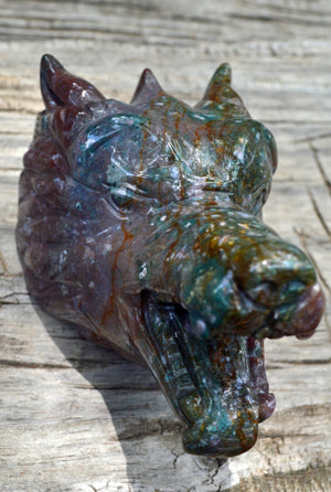 Crystal Wholesale Moss Agate Wolf Head | Hand Carved Crystal Carving - Medium