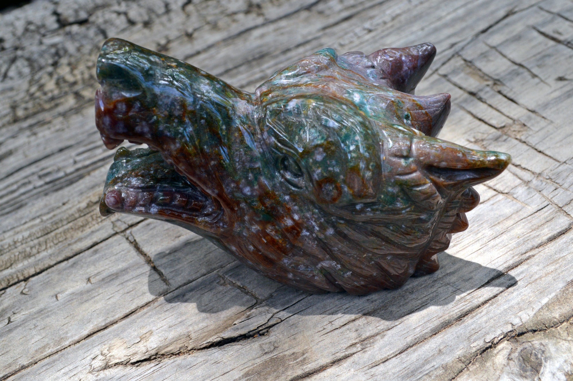Crystal Wholesale Moss Agate Wolf Head | Hand Carved Crystal Carving - Medium