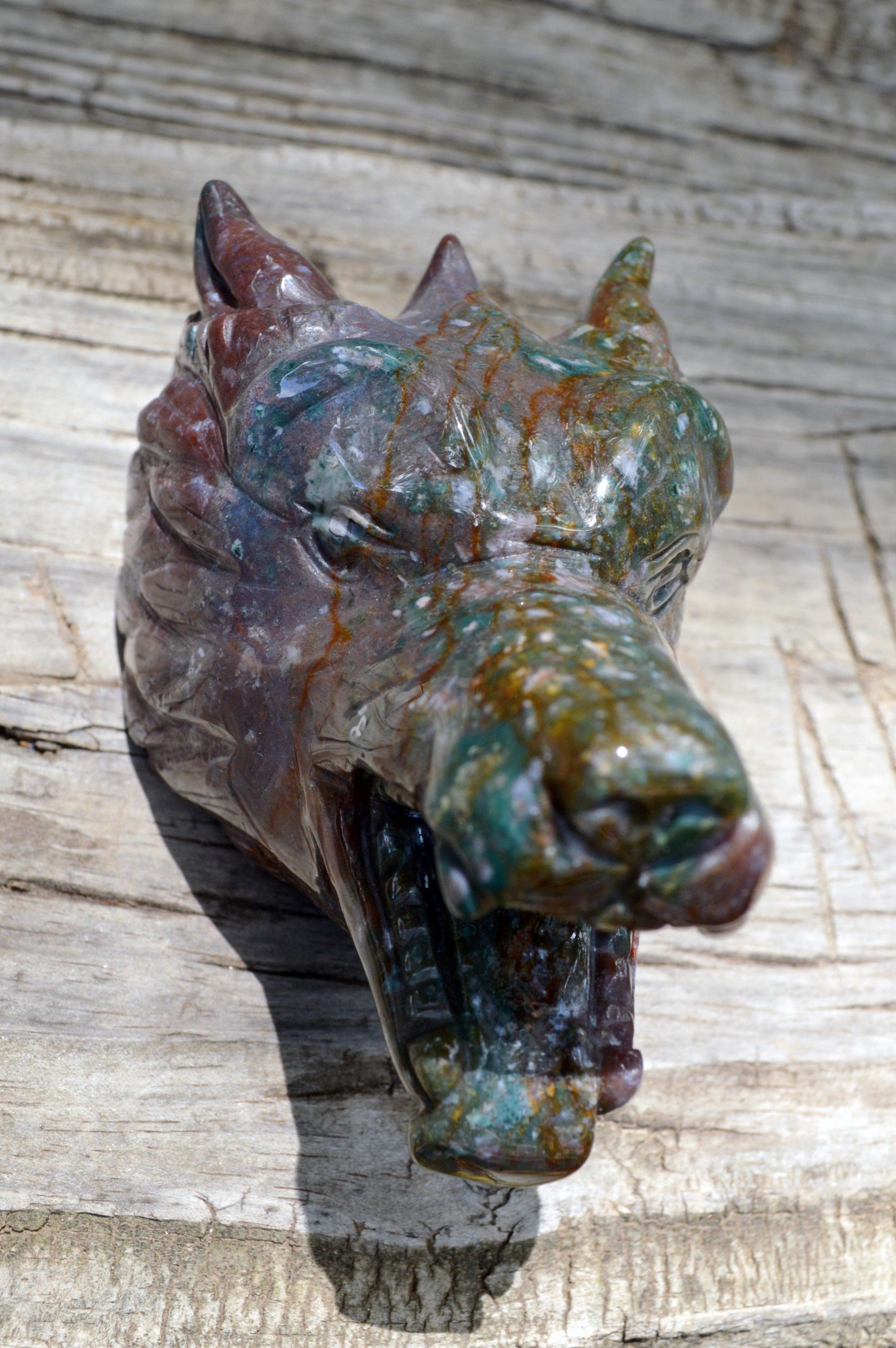 Crystal Wholesale Moss Agate Wolf Head | Hand Carved Crystal Carving - Medium