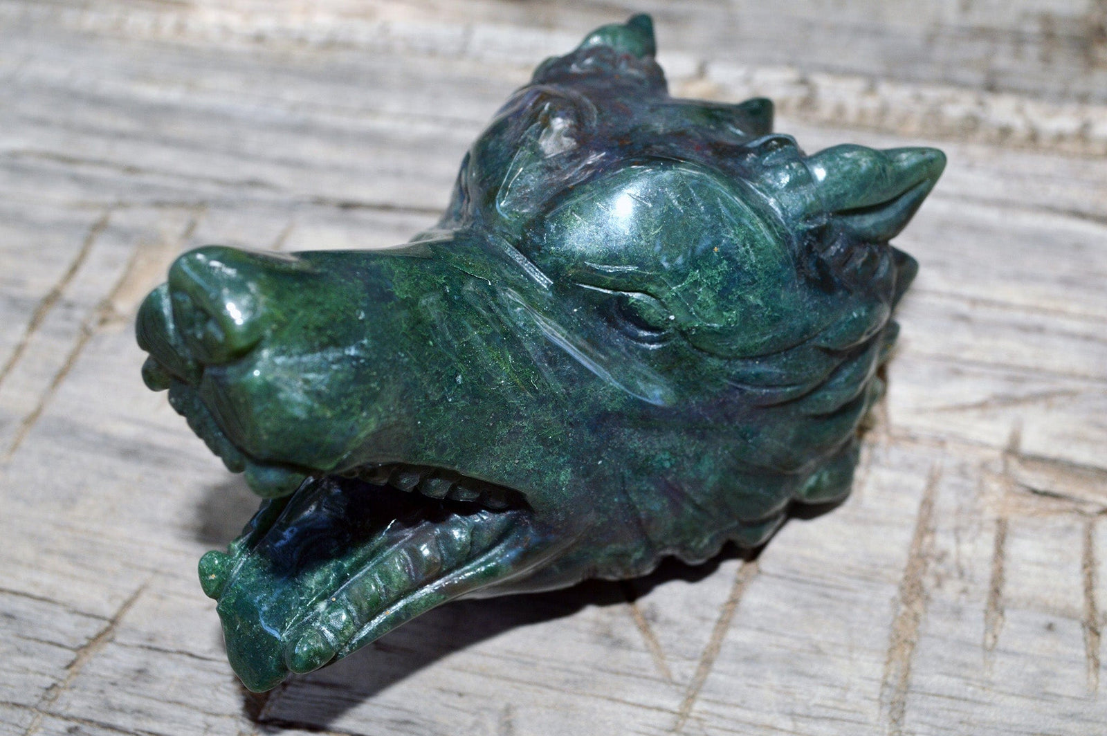Crystal Wholesale Moss Agate Wolf Head II | Hand Carved Crystal Carving - Medium