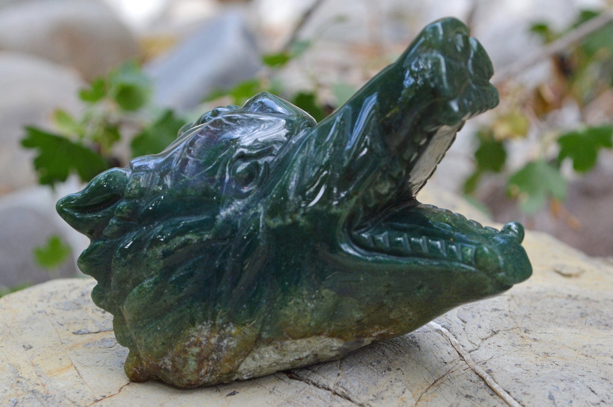 Crystal Wholesale Moss Agate Wolf Head II | Hand Carved Crystal Carving - Medium