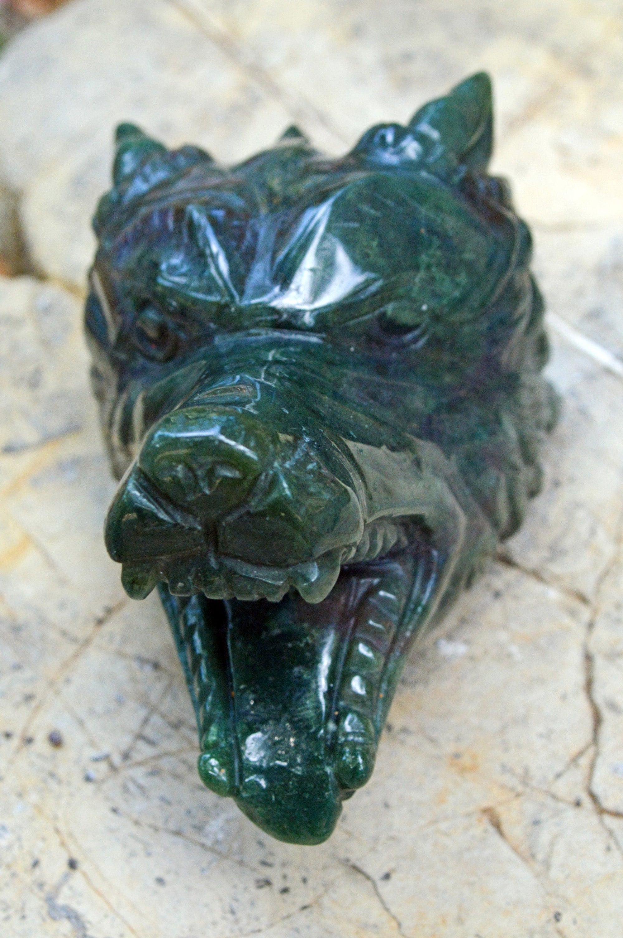 Crystal Wholesale Moss Agate Wolf Head II | Hand Carved Crystal Carving - Medium