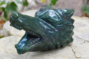 Crystal Wholesale Moss Agate Wolf Head II | Hand Carved Crystal Carving - Medium