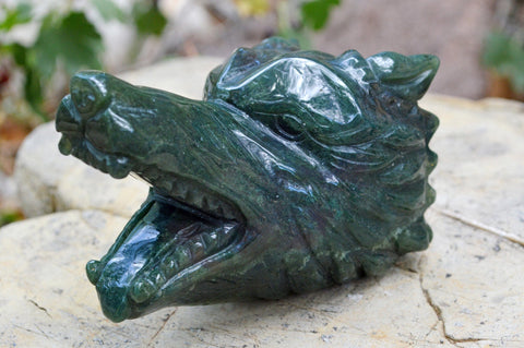 Moss Agate Wolf Head II | Hand Carved Crystal Carving - Medium