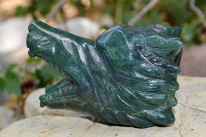 Crystal Wholesale Moss Agate Wolf Head II | Hand Carved Crystal Carving - Medium