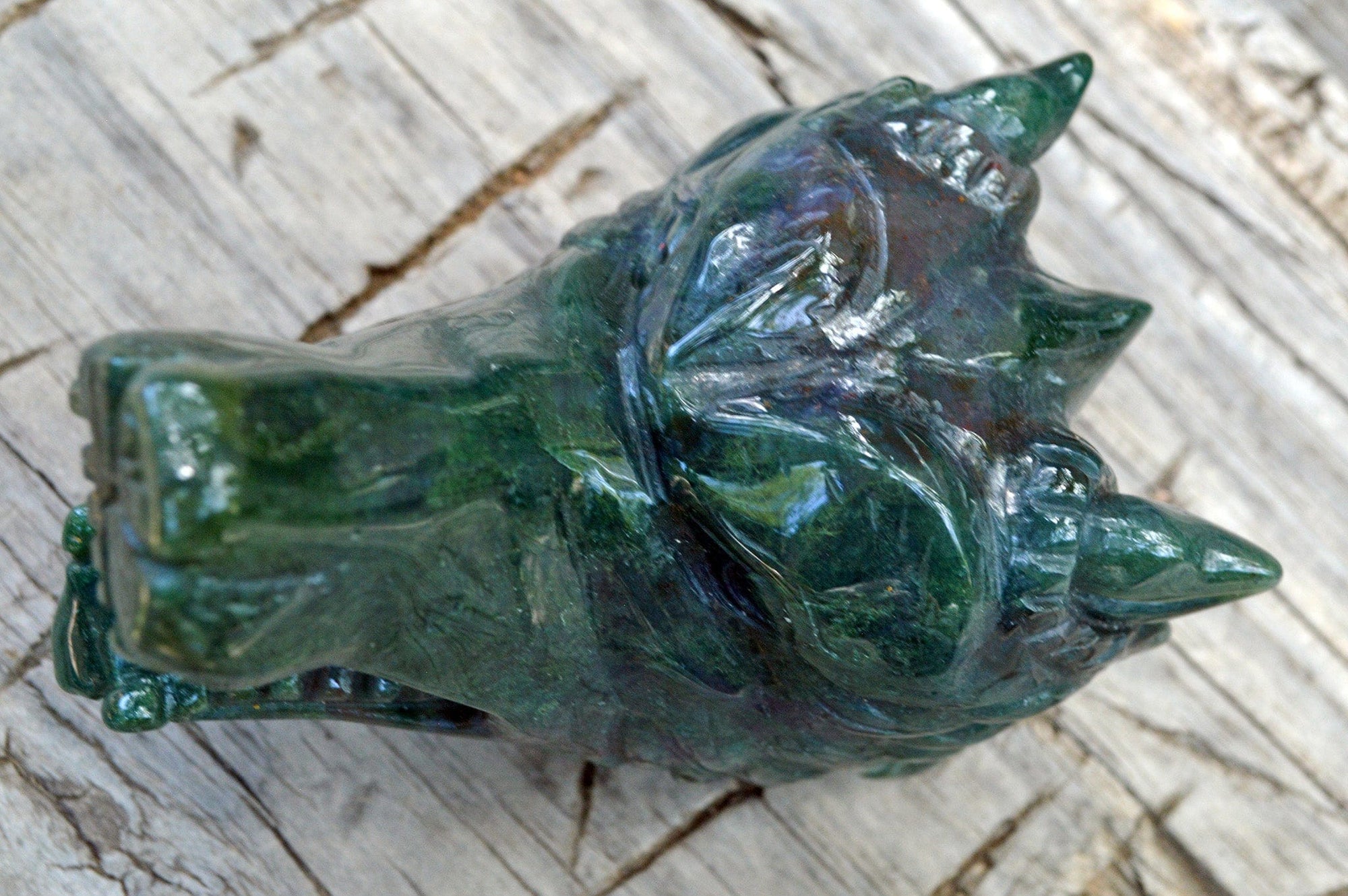 Crystal Wholesale Moss Agate Wolf Head II | Hand Carved Crystal Carving - Medium