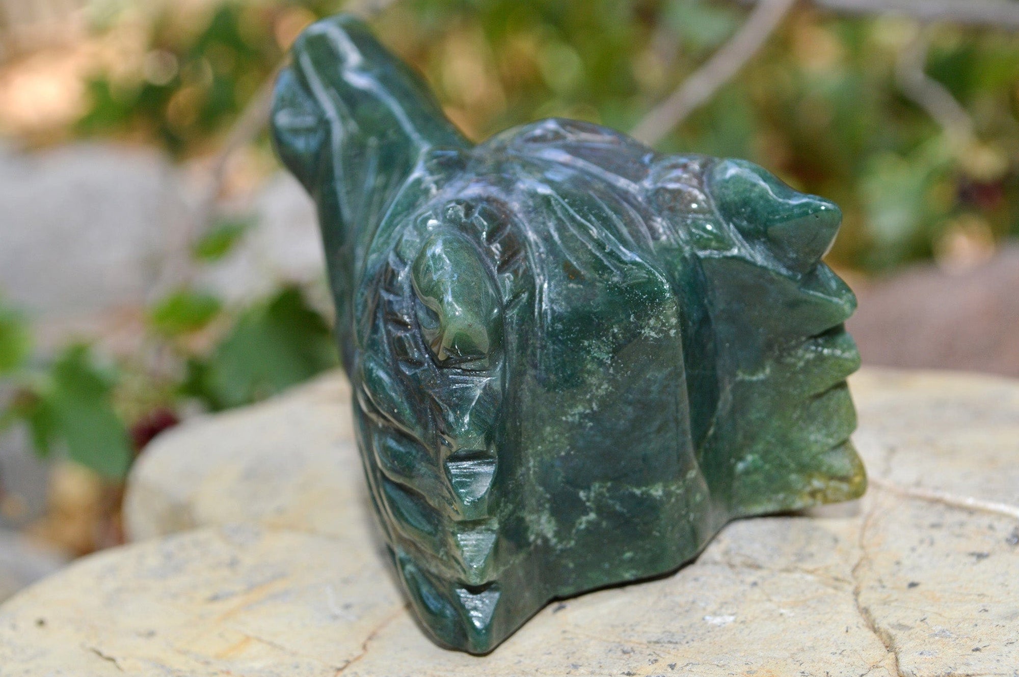 Crystal Wholesale Moss Agate Wolf Head II | Hand Carved Crystal Carving - Medium