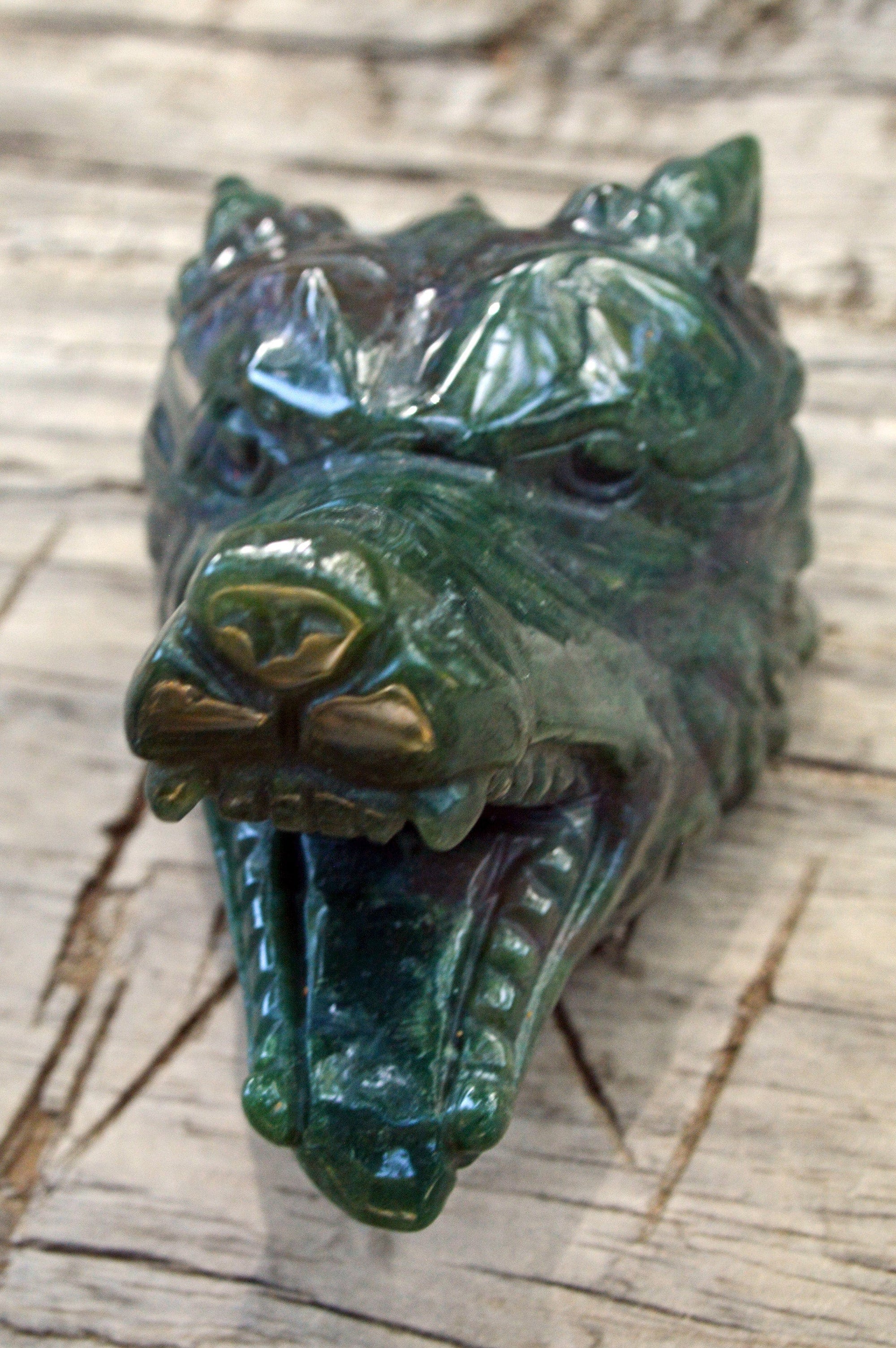Crystal Wholesale Moss Agate Wolf Head II | Hand Carved Crystal Carving - Medium