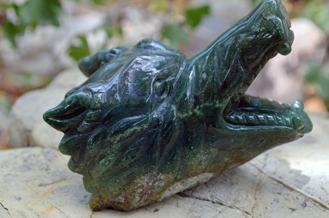 Moss Agate Wolf Head II | Hand Carved Crystal Carving - Medium