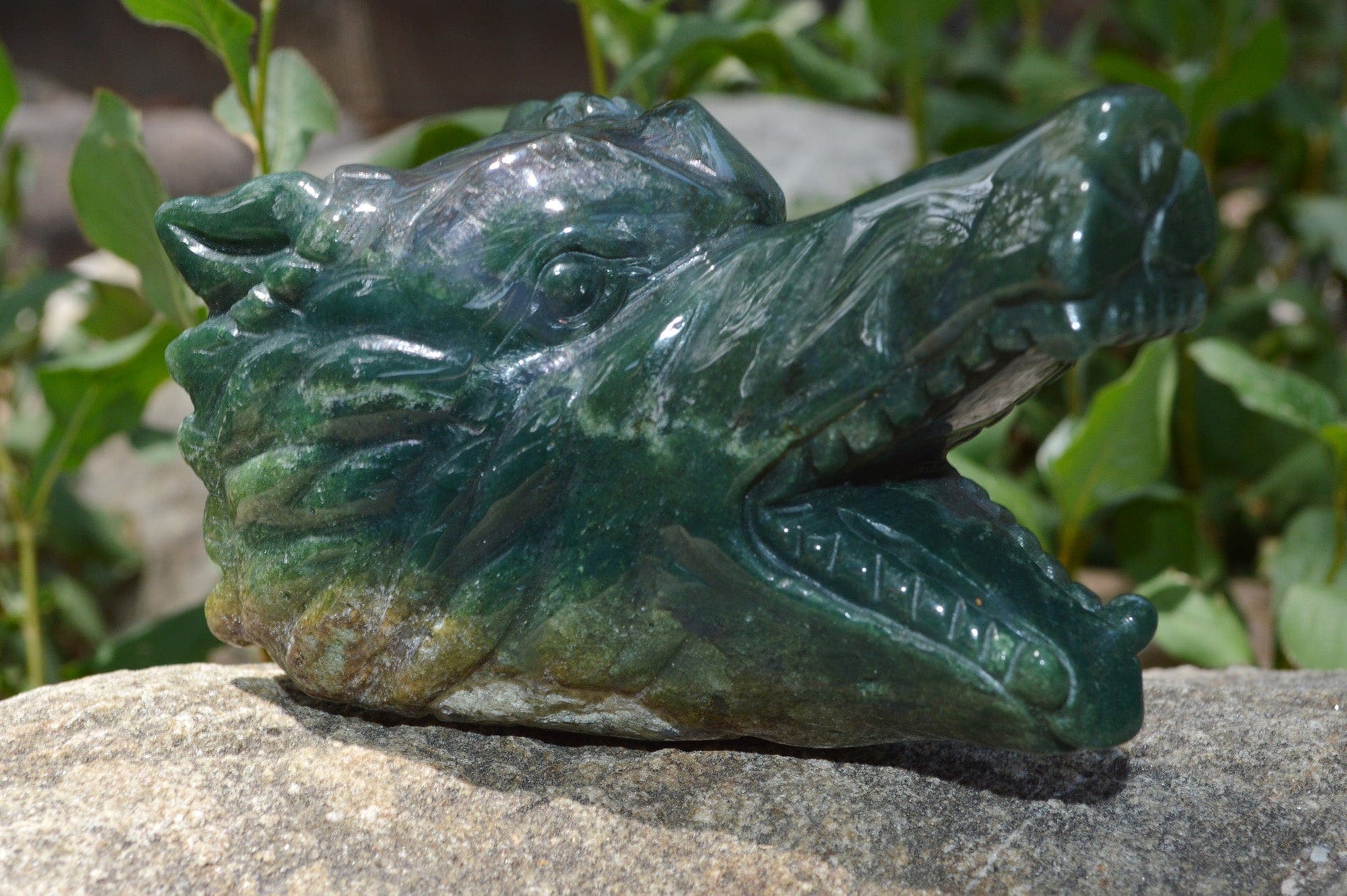 Crystal Wholesale Moss Agate Wolf Head II | Hand Carved Crystal Carving - Medium