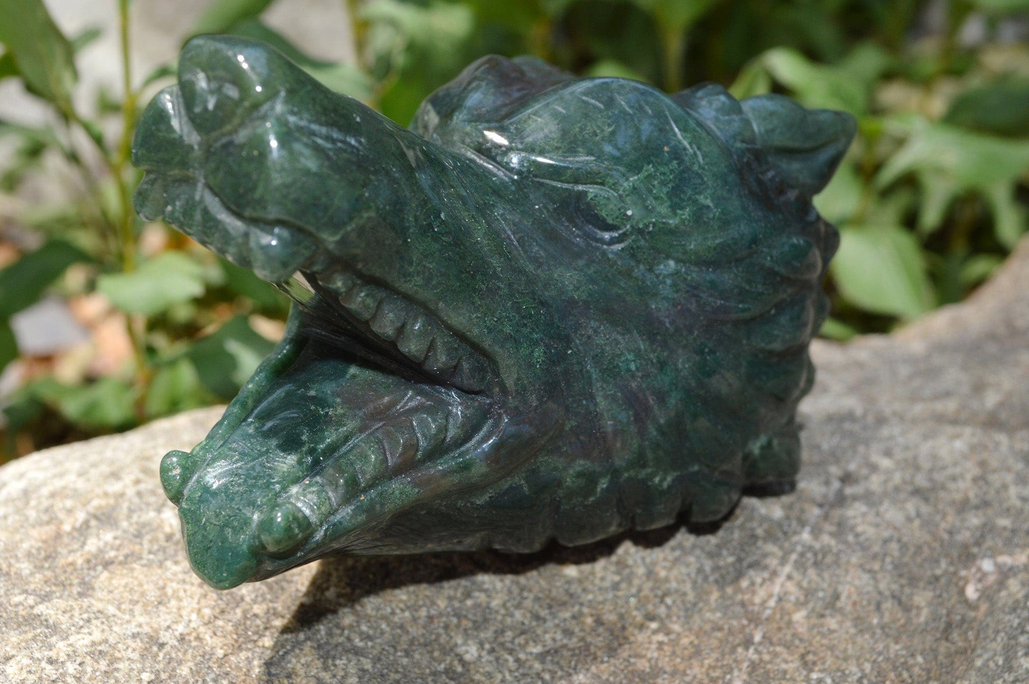 Crystal Wholesale Moss Agate Wolf Head II | Hand Carved Crystal Carving - Medium