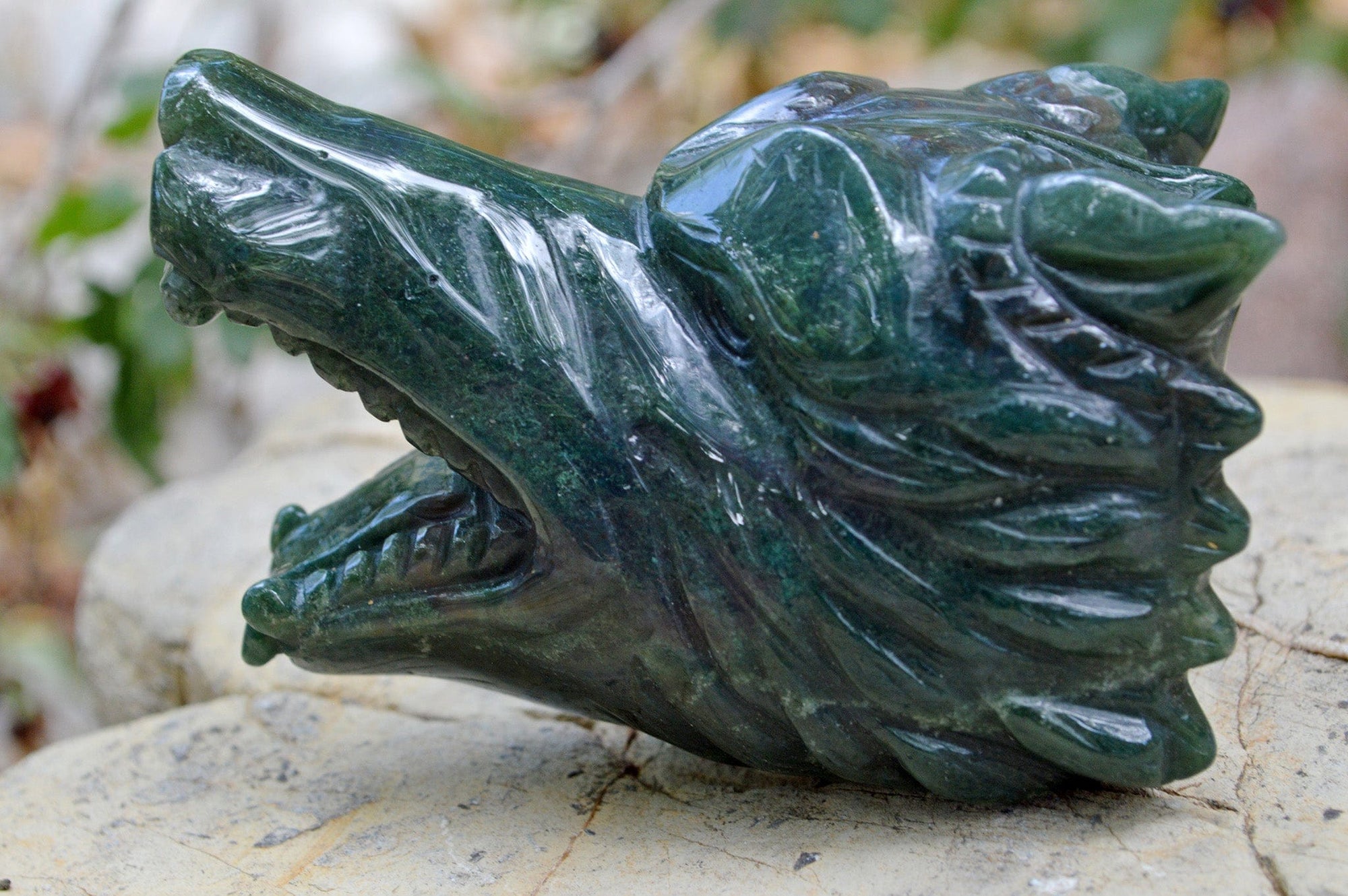Crystal Wholesale Moss Agate Wolf Head II | Hand Carved Crystal Carving - Medium